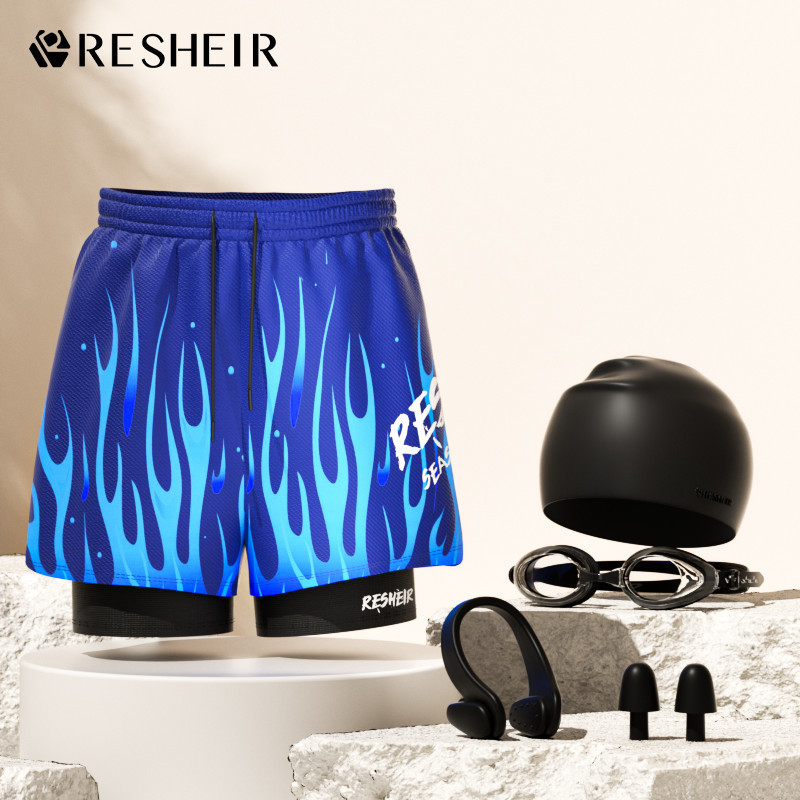 하늘색 불꽃 수영 트렁크 + 수영 모자 + 수영 고글 + 코 클립 귀마개 5종 세트