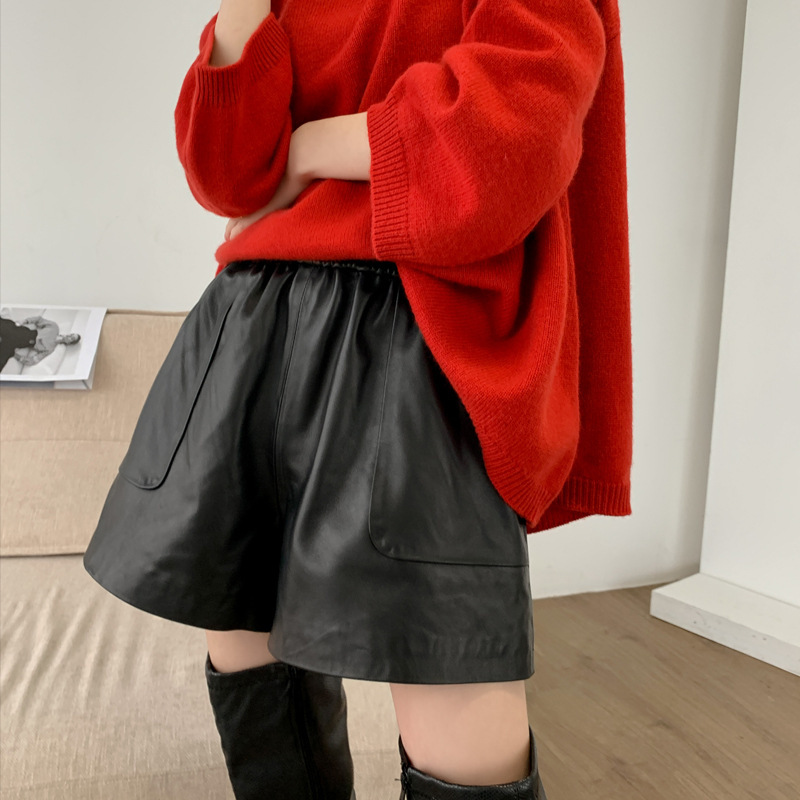 Sheepskin leather pants Spring and Autumn New High waist elastic waist slimming versatile wide leg pants genuine leather pants shorts for women
