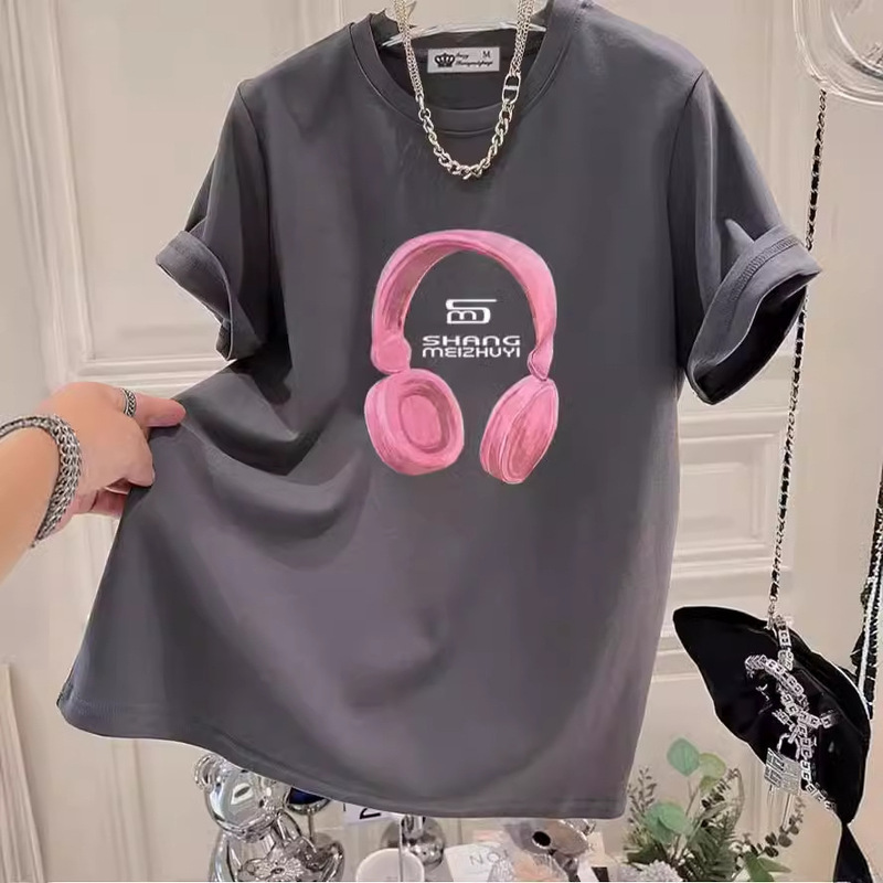 2024 New Summer Korean Style Pink Headphone Printed Top Casual Large Version Loose Grey Short-sleeved T-shirt Women's Trendy