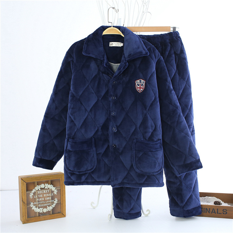 Men's Winter Pajamas, Fleece-Lined and Thickened, Flannel Three-Layer Quilted Cotton Men's Warm Cotton Clothing Set, Men's Loungewear Set Men's Winter Pajamas, Fleece-Lined and Thickened, Flannel Three-Layer Quilted Cotton Men's Warm Cotton Clothing Set, Men's Loungewear Set
