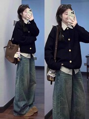 韩系拼接衬衫领假两件毛衣女春秋polo领感慵懒学院风针织开衫