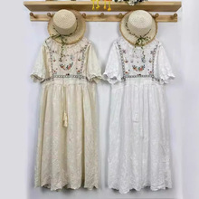 823663夏季女装新款森女蕾丝花边领刺绣收腰棉宽松短袖连衣裙女