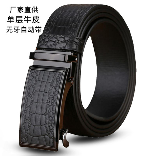 Men's Genuine Leather Belt Wholesale, Crocodile-Print Pure Cowhide Waistband with Casual Automatic Buckle—Perfect for Business Wear