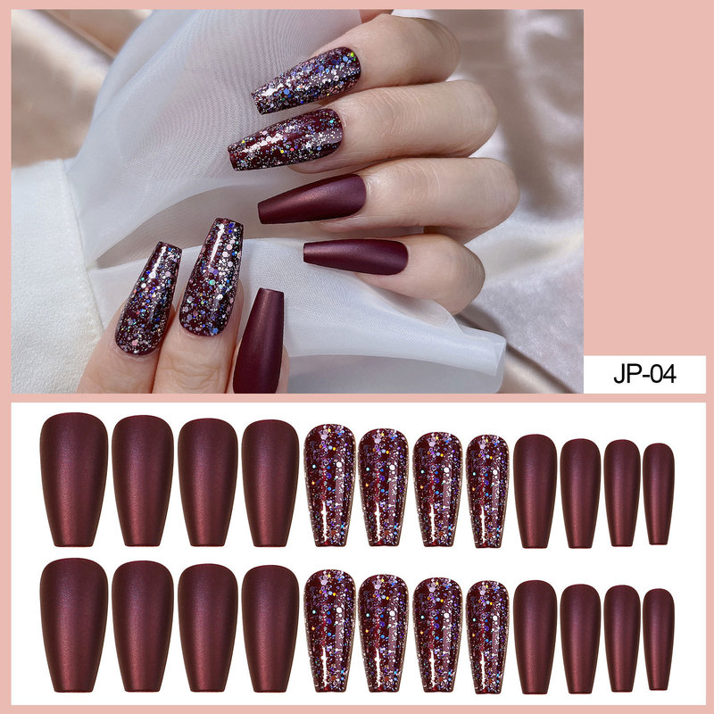 Wine Red Glitter wine red Mid-length Square Internet Celebrous Bride Photo Lasting Wearable Fake Nail Finished Products