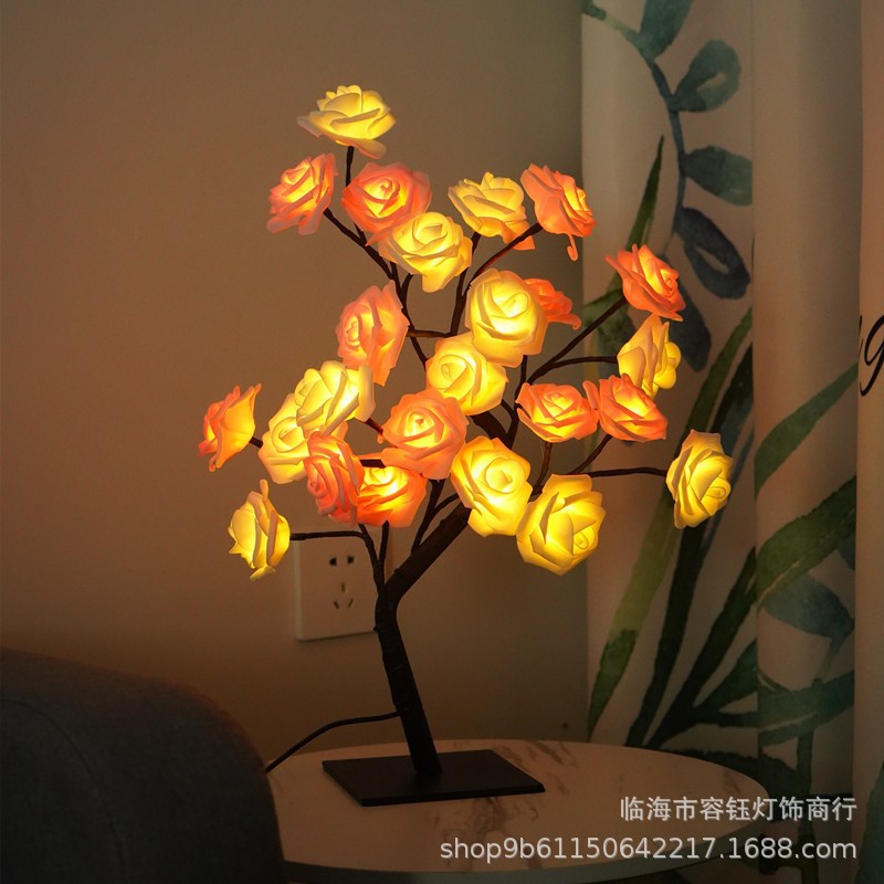 Transfronterizo caliente Rose Tree lámpara decoración de la habitación LED flor de cerezo luz de la noche lámpara de mesa USB interruptor de luz de color