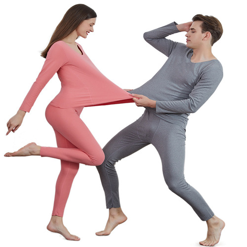 AB Dual-Side Fleece Couple Set for Women and Men Self-Heating Seamless Thermal Pajamas and Underwear in Two Colors, Velvety Warm Winter Innerwear for Women