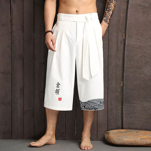 2025 Chinese-style men's wide-leg pants, cotton-linen 7/8 length, loose summer casual pants, trendy men's bottoms