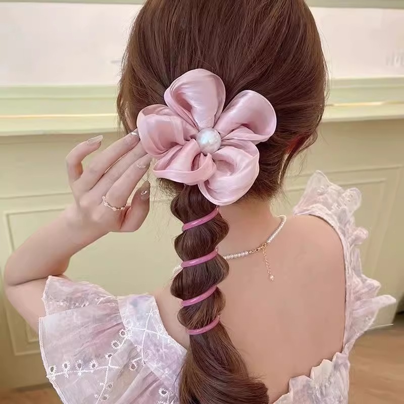 Großes Blumen Perlen Spirale Haargummi Für Damen Elegant_voghion.com
