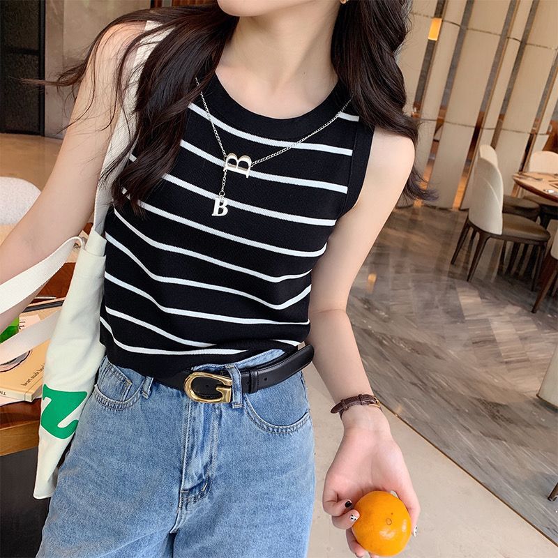 Chic Knitted Striped Camisole Summer French-Style Base Short Top for Outerwear or Layering with a Blazer