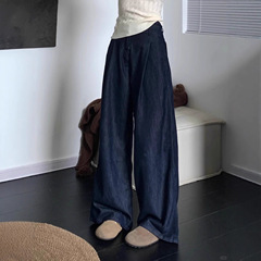 美式高街深蓝色褶皱阔腿牛仔裤女秋季辣妹显瘦宽松高腰直筒拖地裤