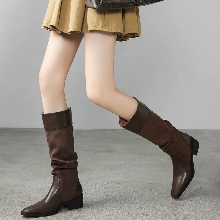 手工靴子中跟复古超绝拼接方头长筒堆堆靴2025女款秋冬粗跟高筒靴