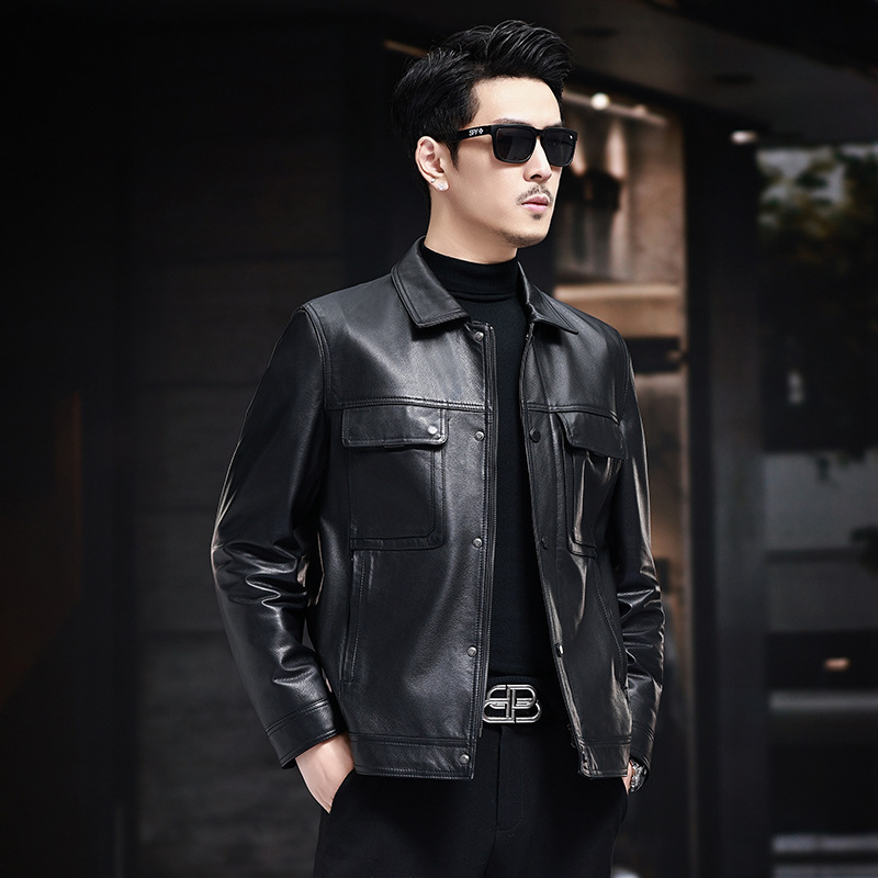 Top Layer Cowhide Haining Genuine Leather Slim-fit Men's Lapel Jacket Autumn and Winter Fashion Casual Thin Motorcycle Jacket All-match