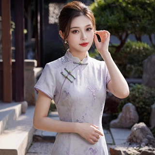 贝之韵绣花改良提花长款旗袍女2026春新款少女短袖年轻款上班穿