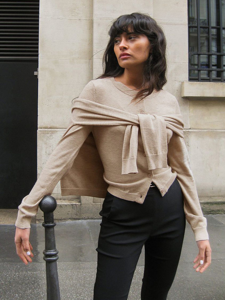 Áo cardigan dệt kim nữ cổ tròn tay dài mỏng nhẹ mặc trong — kaki, màu xanh hải quân chi tiết 19