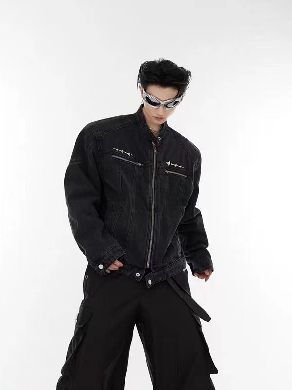 Chaqueta de mezclilla corta con hombreras americanas Chaqueta de mezclilla con cuello alto y cuello alto con sentido de alta gama para hombre