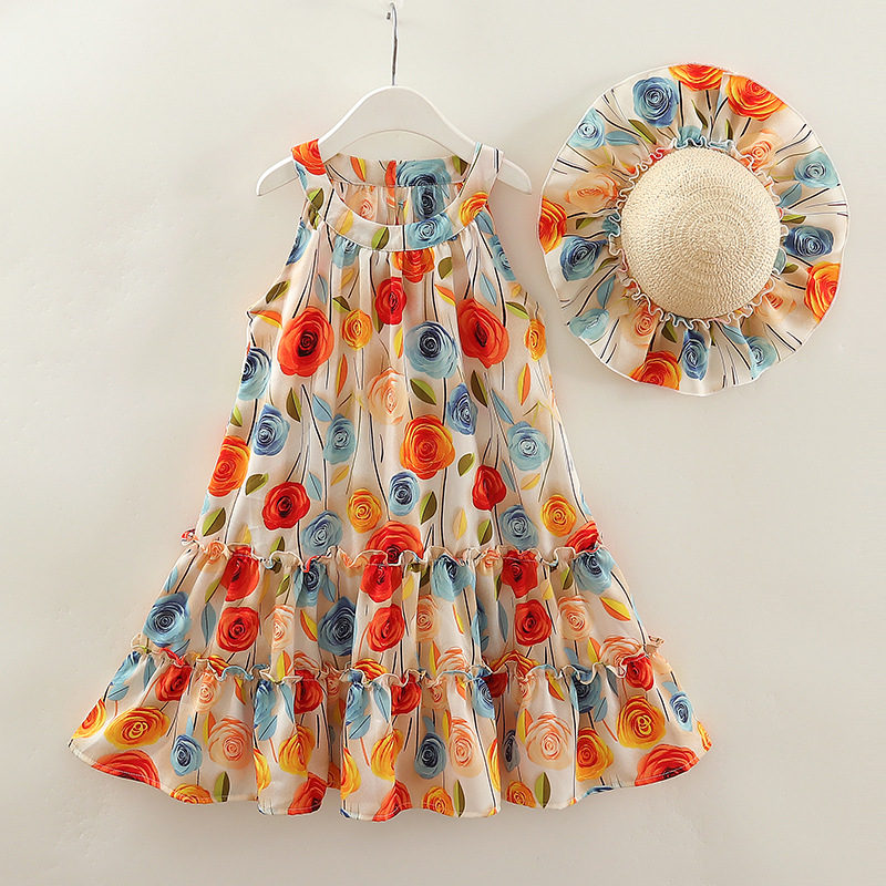 Girls Summer Dress Summer New Style Medium and Large Children's Camisole Flower Princess Skirt Beach Dress Little Girl