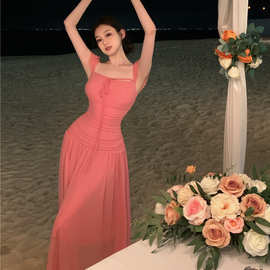 实拍夏季甜美七分甜仙仙梅子舞蹈裙海边度假式分割甜裙连衣裙