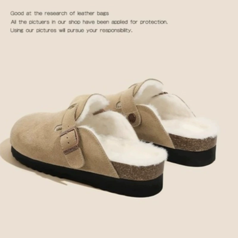 Туфли на толстой подошве Bucken плюс бархатная головка половинная тапка женская наружная одежда 2024 новые осенние и зимние меховые тапки Baken ватные шлепанцы
