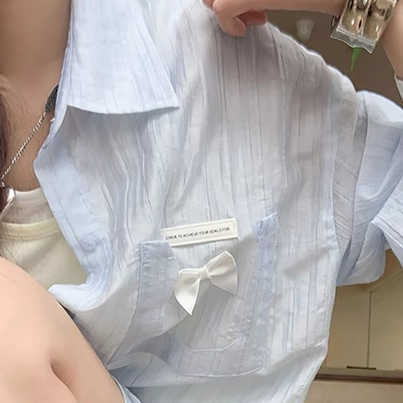 夏の炭酸水韓国風ブルー薄手長袖日焼け止めトップ女性の秋の休暇微透けシャツ|undefined
