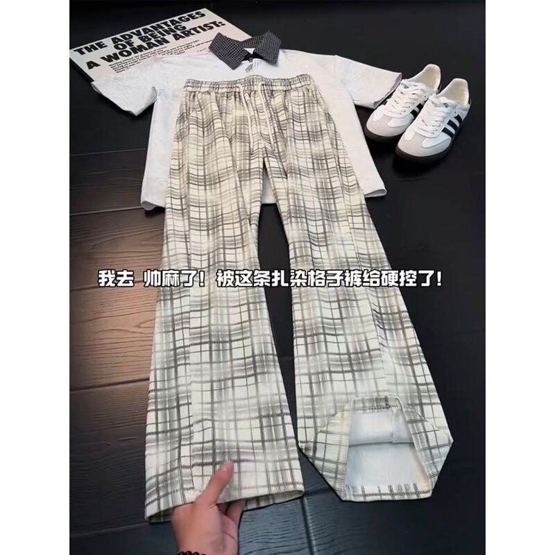 Wholesale cleanfit American-style plaid pants for men, summer straight-leg slim-fit casual pants, fitness sports micro-flare long pants