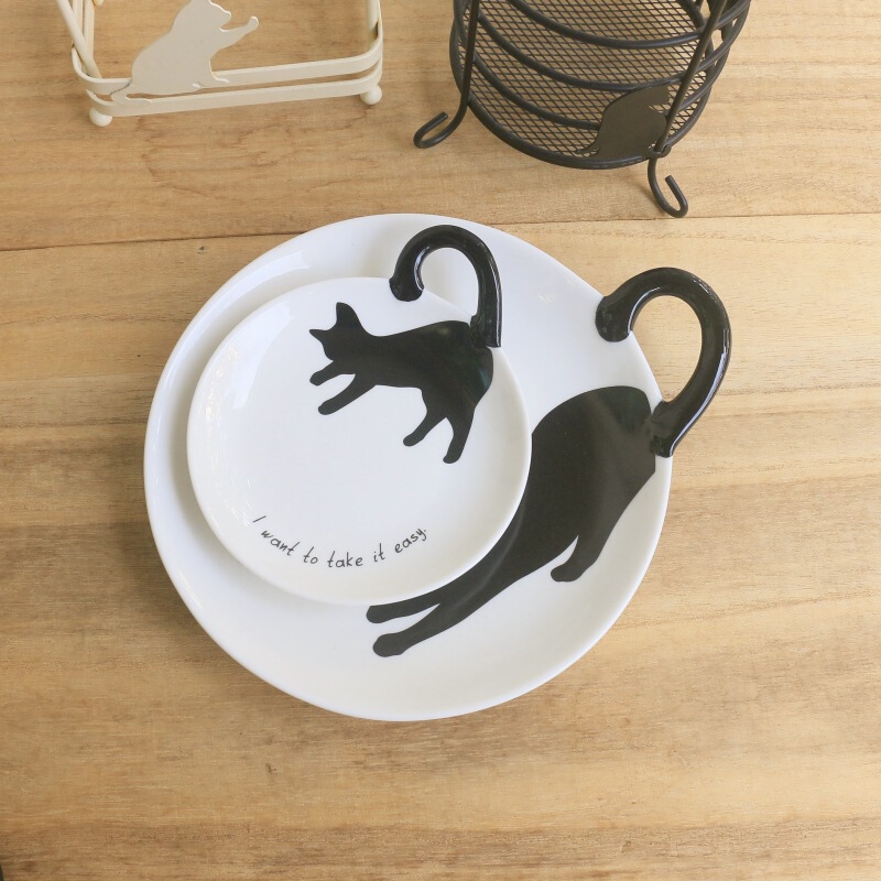 Japanese style small black cat personalized plate cute creative cat tail breakfast plate dessert dish cake plate