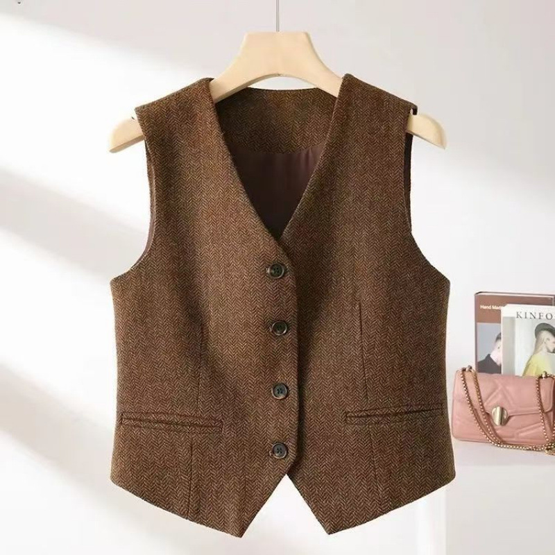 Autumn and Winter British Retro Style Equestrian Vest for Women, New Outer Wear, Versatile, Western Style, Brown Hot Style, Herringbone Pattern Blend