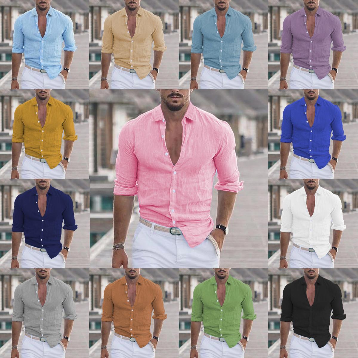 Cross-Border 2023 New Men's Summer Cotton and Linen Lapel Beach Shirt Long-Sleeved Pure Color Hawaiian Holiday Clothing