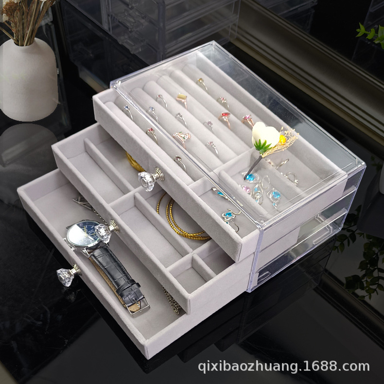 新款ps亚克力首饰收纳盒绒布3抽屉饰品盒耳环戒指收纳珠宝首饰盒
