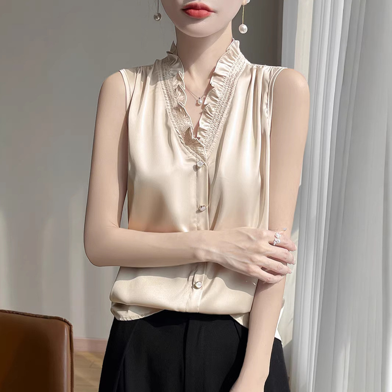 Plus-Size French-Style Satin Sleeveless Shirt for Women, Summer Slimming V-Neck Ruffled Edge Elegant Faux Silk Top Plus-Size French-Style Satin Sleeveless Shirt for Women, Summer Slimming V-Neck Ruffled Edge Elegant Faux Silk Top