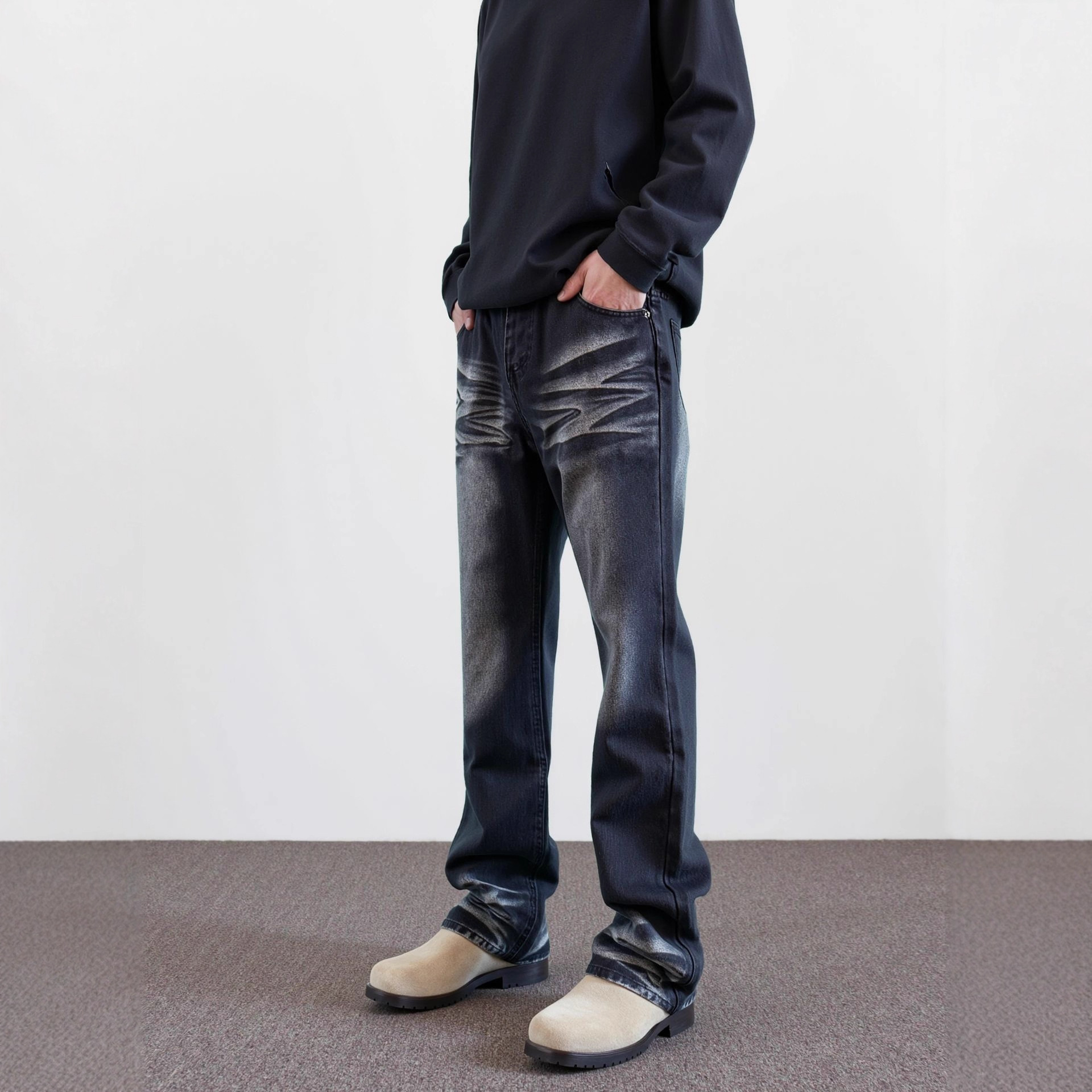 KZD男装|cleanfit黑色波纹猫须牛仔长裤水洗微喇叭vibe裤子