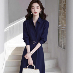 正式场合女装收腰连衣裙2025新款大方得体新款气质蓝色a字裙子秋