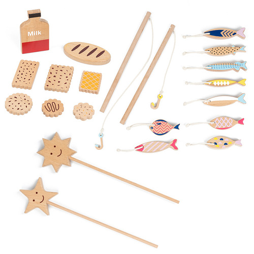 New children's beech fishing building blocks puzzle simulation play house afternoon tea milk biscuit set wooden toy