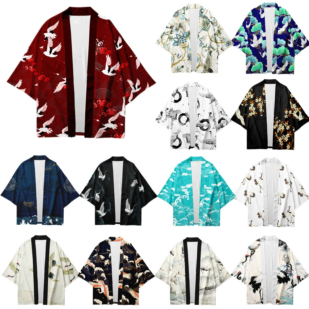 Новая летняя накидка с краном, мужская накидка с 3D цифровой печатью, кардиган в китайском стиле с рукавами три четверти, домашний халат в японском стиле