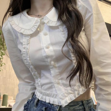 小个子短款白色娃娃领衬衫女花边设计感修身显瘦衬衣高腰长袖上衣