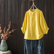日系文艺小清新复古纯色宽松棉纱立领衬衫女七分袖套头上衣