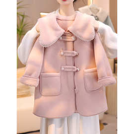 女童外套秋冬款2025新款儿童中长款加厚毛呢大衣女孩珍珠呢子风衣