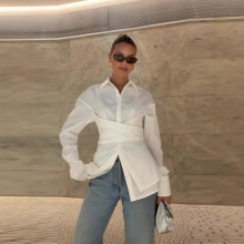 亚马逊2025欧美新款设计感收腰系带修身纯色长袖衬衫上衣纯棉