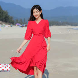 2024新款海边度假风连衣裙一件代发 夏天收腰显瘦气质中长裙批发