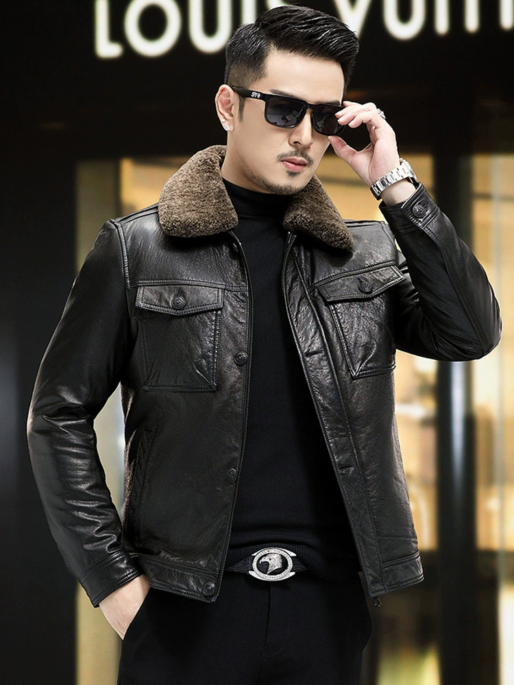 Leather down jacket with down