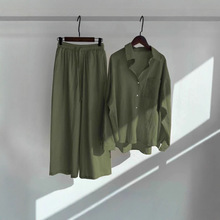 2025跨境亚马逊女士复古加大码棉麻衬衫套装高腰宽松长裤两件套女