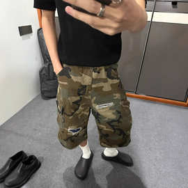 美式街头破洞补丁七分牛仔裤男女夏季小众设计感宽松水洗迷彩短裤