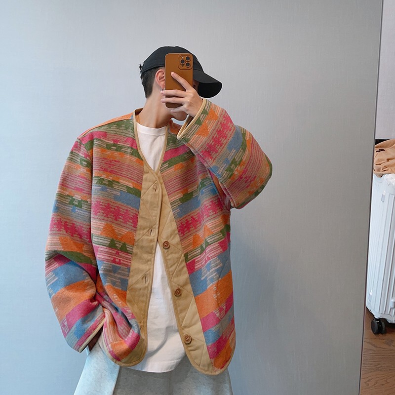 American Style Retro Dopamine Rainbow Striped Jacket Men's Contrast Color Woolen V-Neck Neutral Loose Ethnic Style Fashionable Jacket