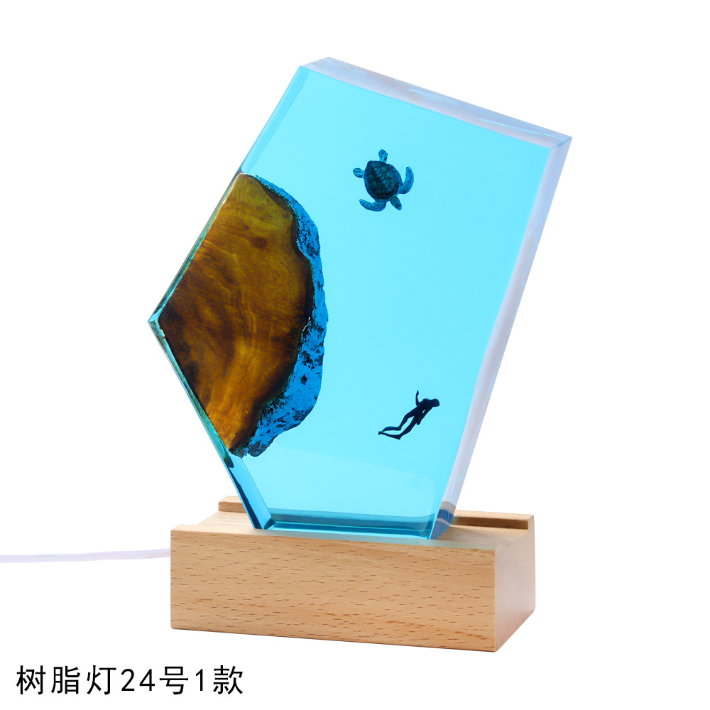 Ocean Micro-Landscape Solid Wood Resin Lamp Ornaments Museum Exhibition Turtle Diver Resin Crafts Miniature Bonsai