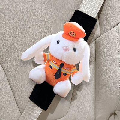 Seat belt shoulder pad: Cartoon Traffic Police Bear Plush - orange-hat-fireman-1-rabbit-ice-silk-shoulder-pad