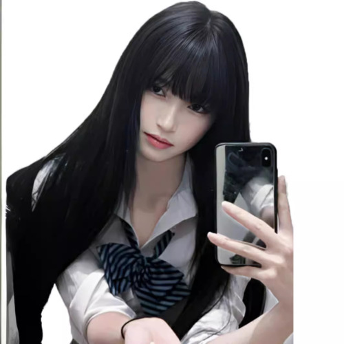 Full Head Long Hair Wig for Halloween, Fuji River Cosplay Daily Comic, Medium-Length Bangs Black Long Straight Wig Set