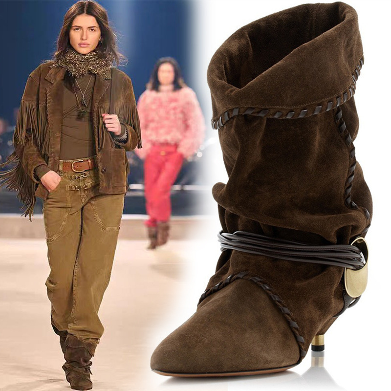 European and American New Style Pointed Metal Cat Heel Strap Pleated Stacked Short Boots with Cuffs and Large Size Multi-Wear High Heel Boots