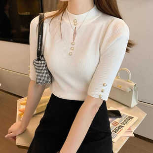 Designed Outer Wear Half-Sleeved Knitted T-Shirt Women's Suit with Thin Mid-Sleeve Bottoming Shirt