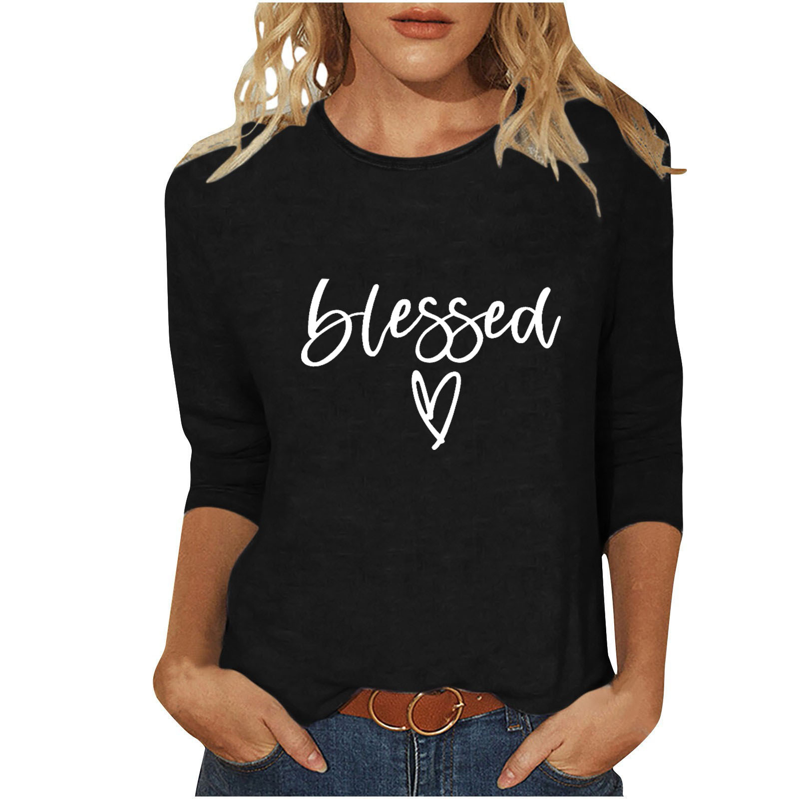 Women's T-shirt 3/4 Length Sleeve T-shirts Casual Basic Letter Heart Shape display picture 31