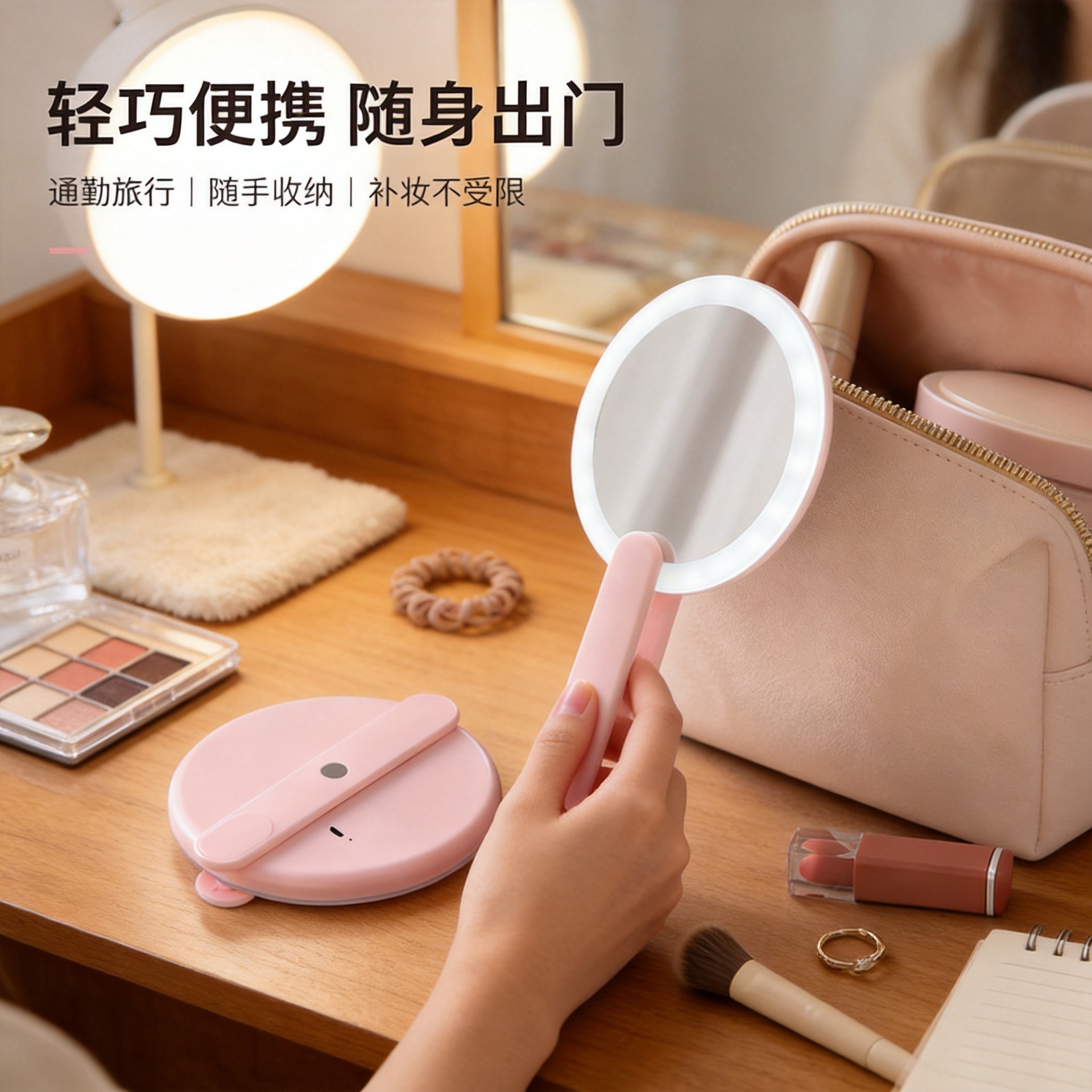 Espejo de maquillaje LED con lámpara de mano de mujer pequeño espejo luminoso portátil mini espejo de maquillaje dormitorio de estudiantes espejo de luz