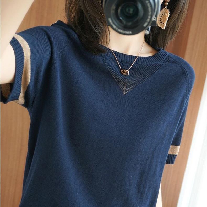 T-shirt à manches courtes en soie glacée pour femme, haut assorti de couleur ample de style coréen, nouveau pull de style occidental creux